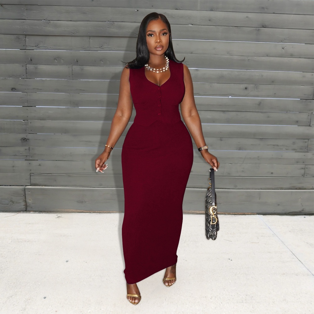 Fashion pure tops buckle Casual long skirt 2pcs set