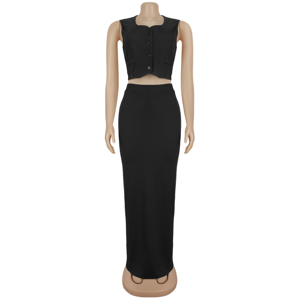 Fashion pure tops buckle Casual long skirt 2pcs set