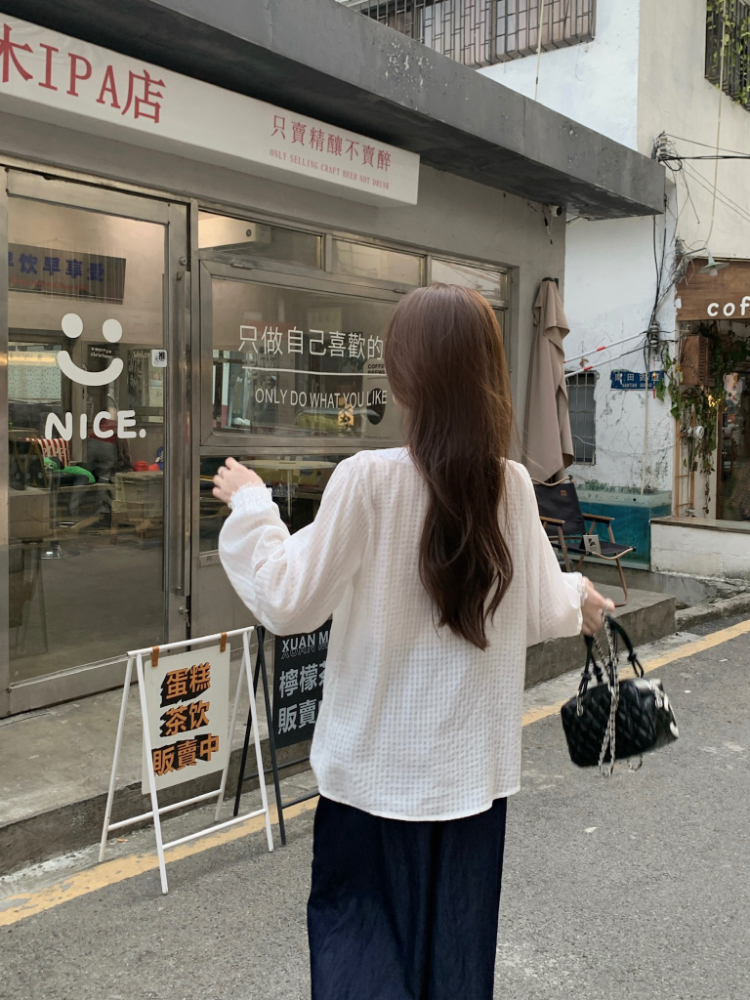 Casual loose white France style V-neck long sleeve shirt for women