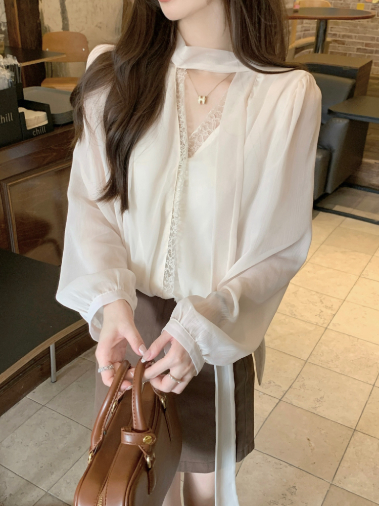 Splice temperament short tops retro tender lace shirt