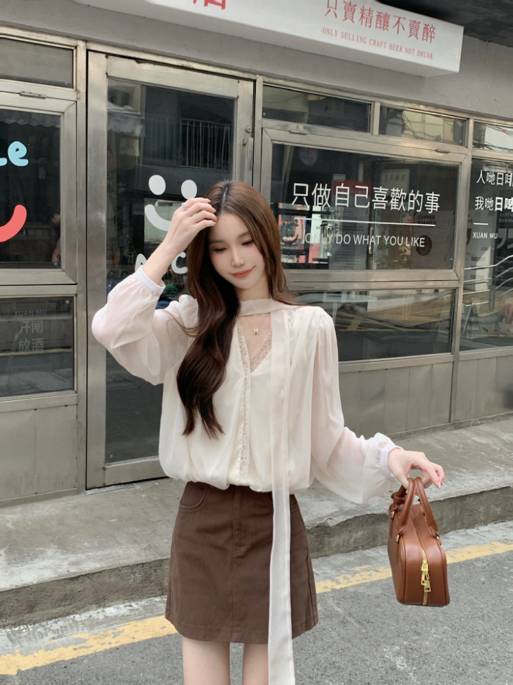 Splice temperament short tops retro tender lace shirt