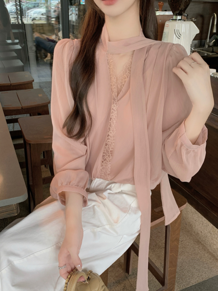 Splice temperament short tops retro tender lace shirt