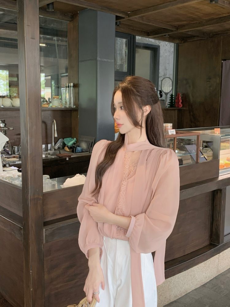 Splice temperament short tops retro tender lace shirt