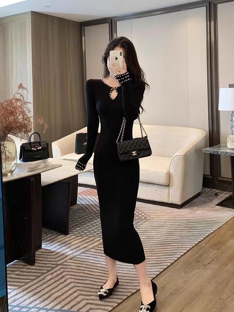Slim temperament knitted beading dress for women