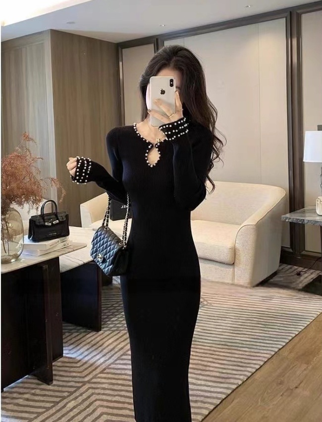 Slim temperament knitted beading dress for women