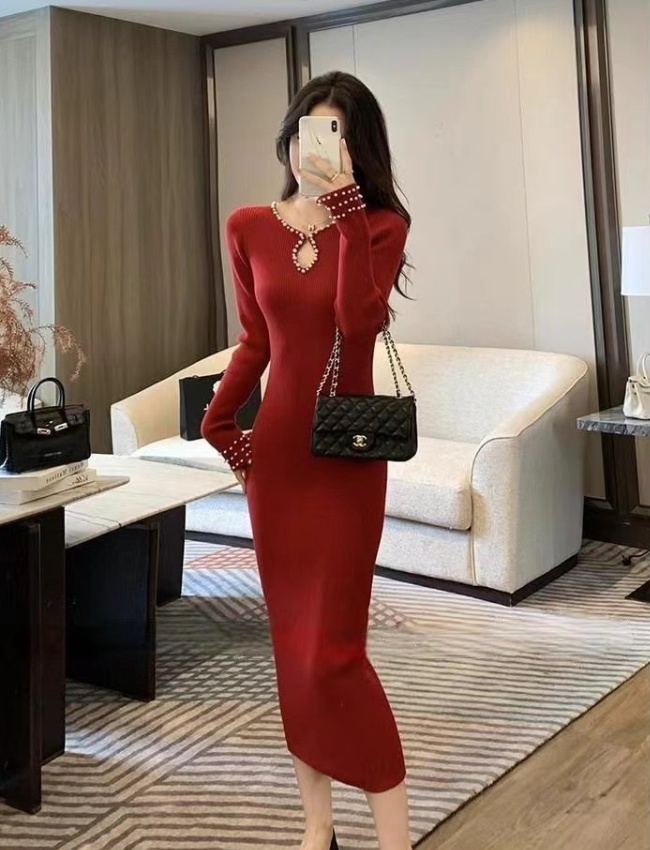 Slim temperament knitted beading dress for women