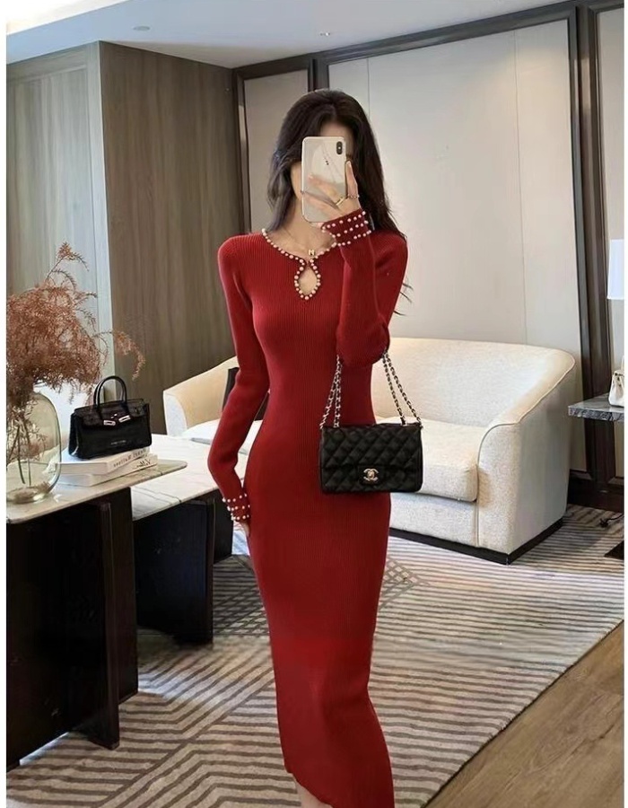 Slim temperament knitted beading dress for women