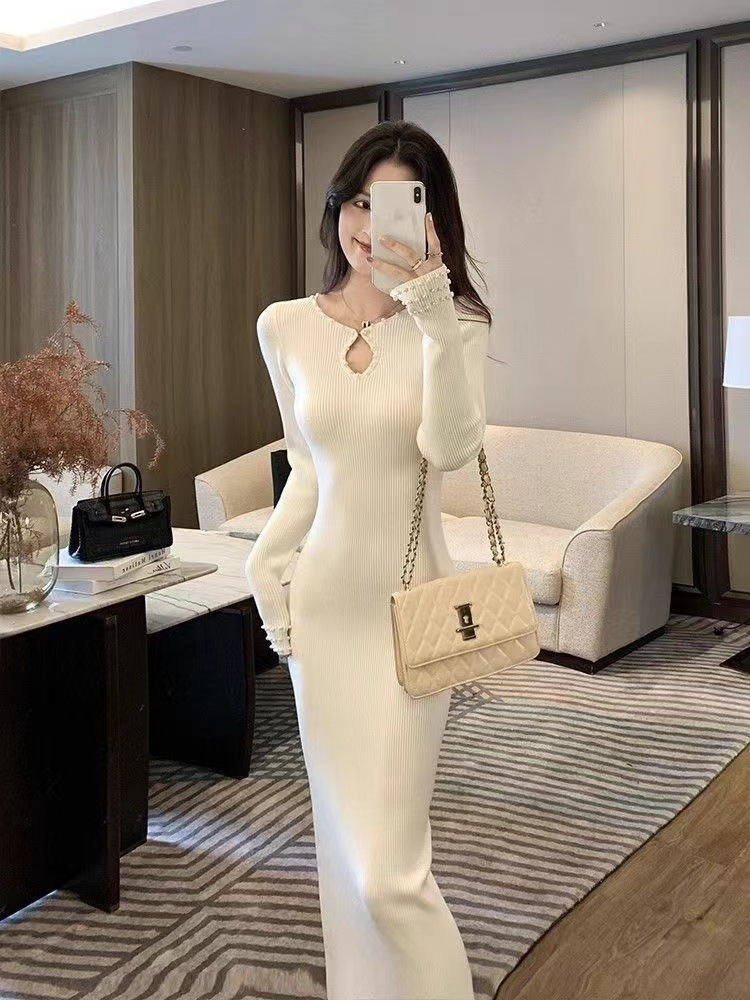Slim temperament knitted beading dress for women