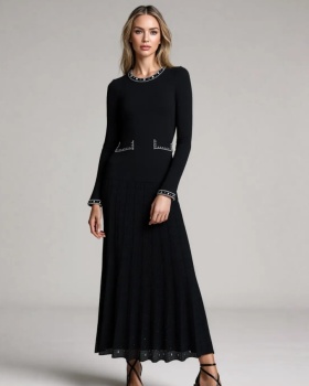 Ladies knitted long dress beading temperament dress