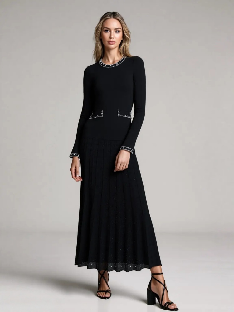 Ladies knitted long dress beading temperament dress