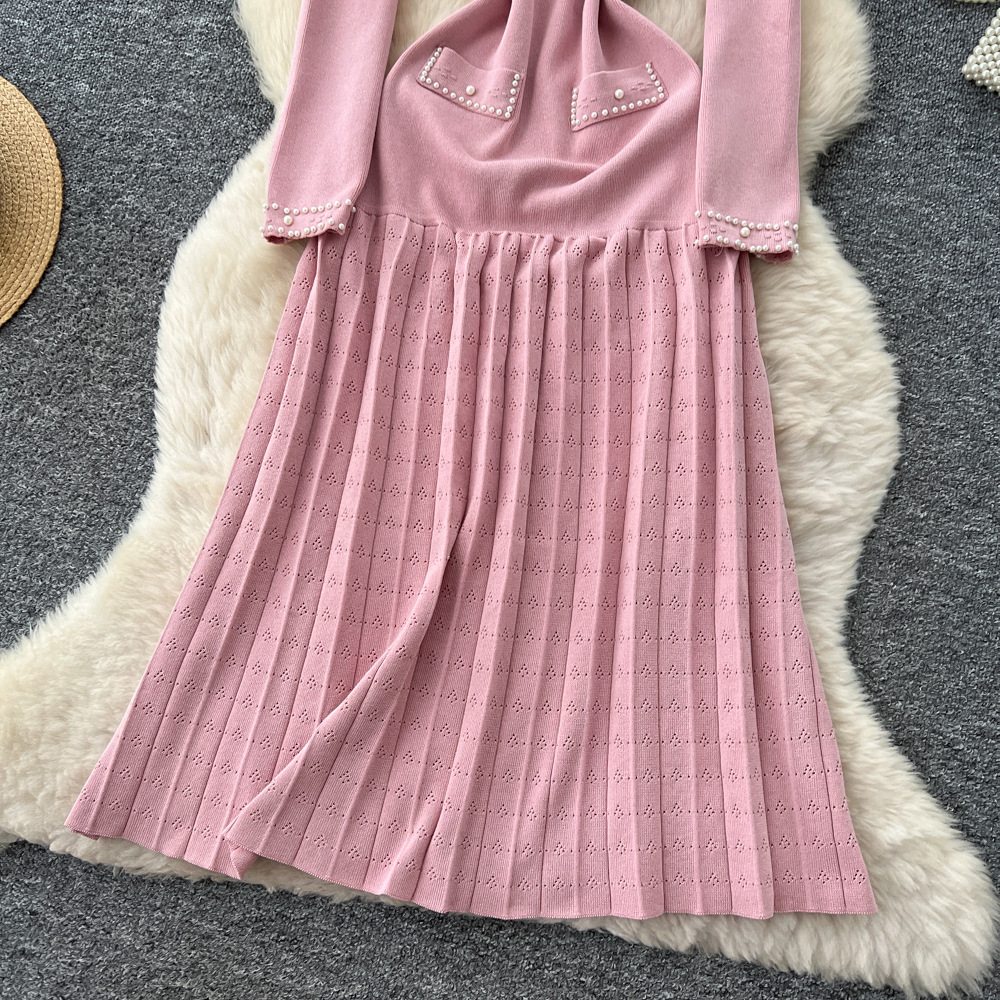 Ladies knitted long dress beading temperament dress