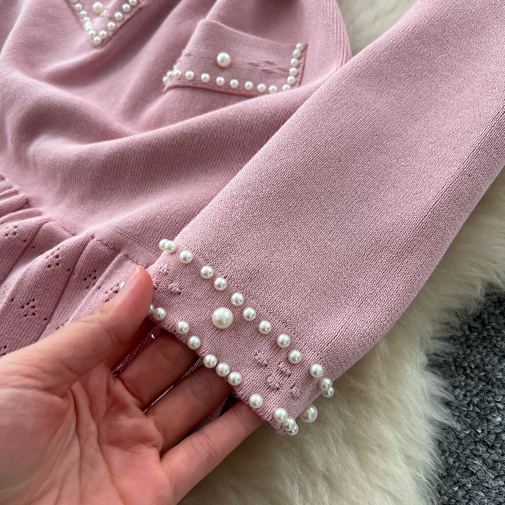 Ladies knitted long dress beading temperament dress