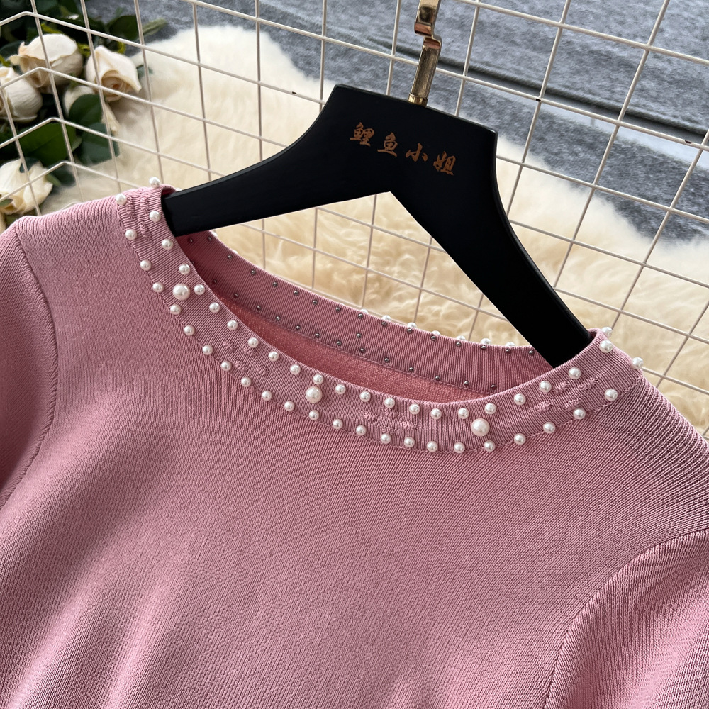 Ladies knitted long dress beading temperament dress