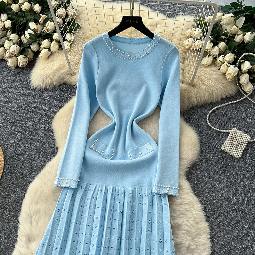 Ladies knitted long dress beading temperament dress