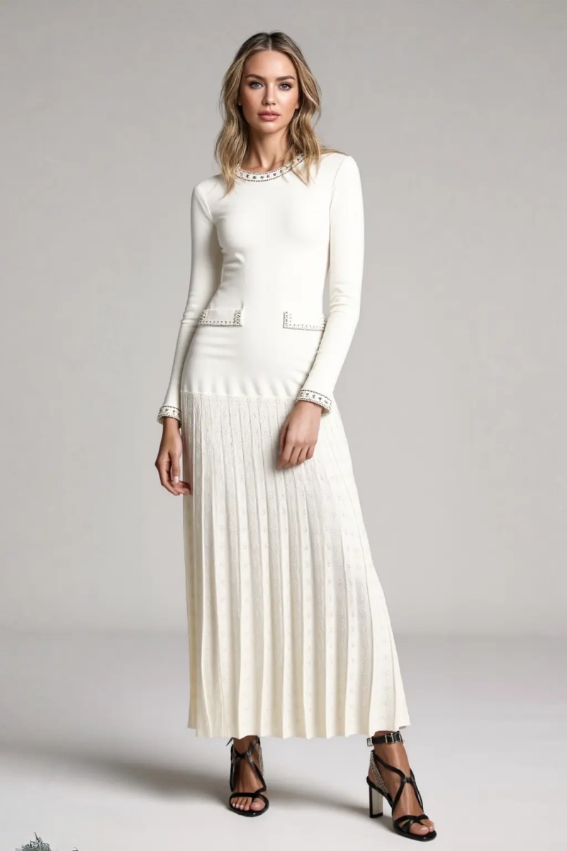 Ladies knitted long dress beading temperament dress