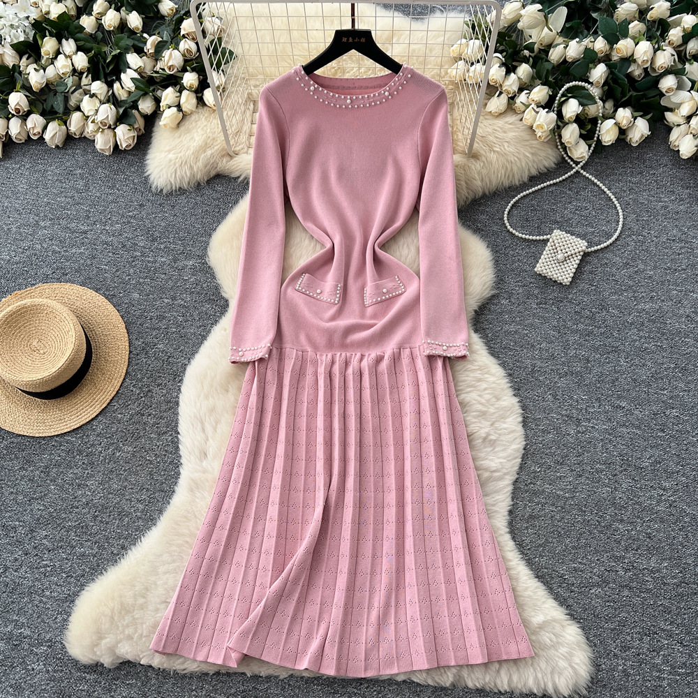 Ladies knitted long dress beading temperament dress