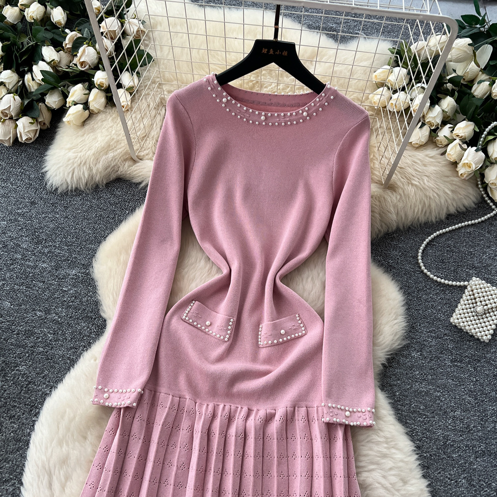 Ladies knitted long dress beading temperament dress