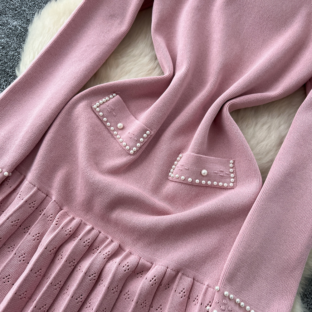 Ladies knitted long dress beading temperament dress