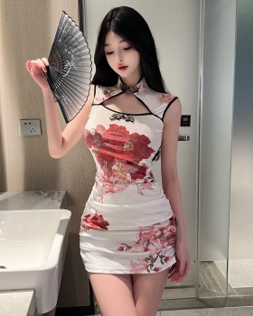 Velvet package hip slim T-back retro white cheongsam