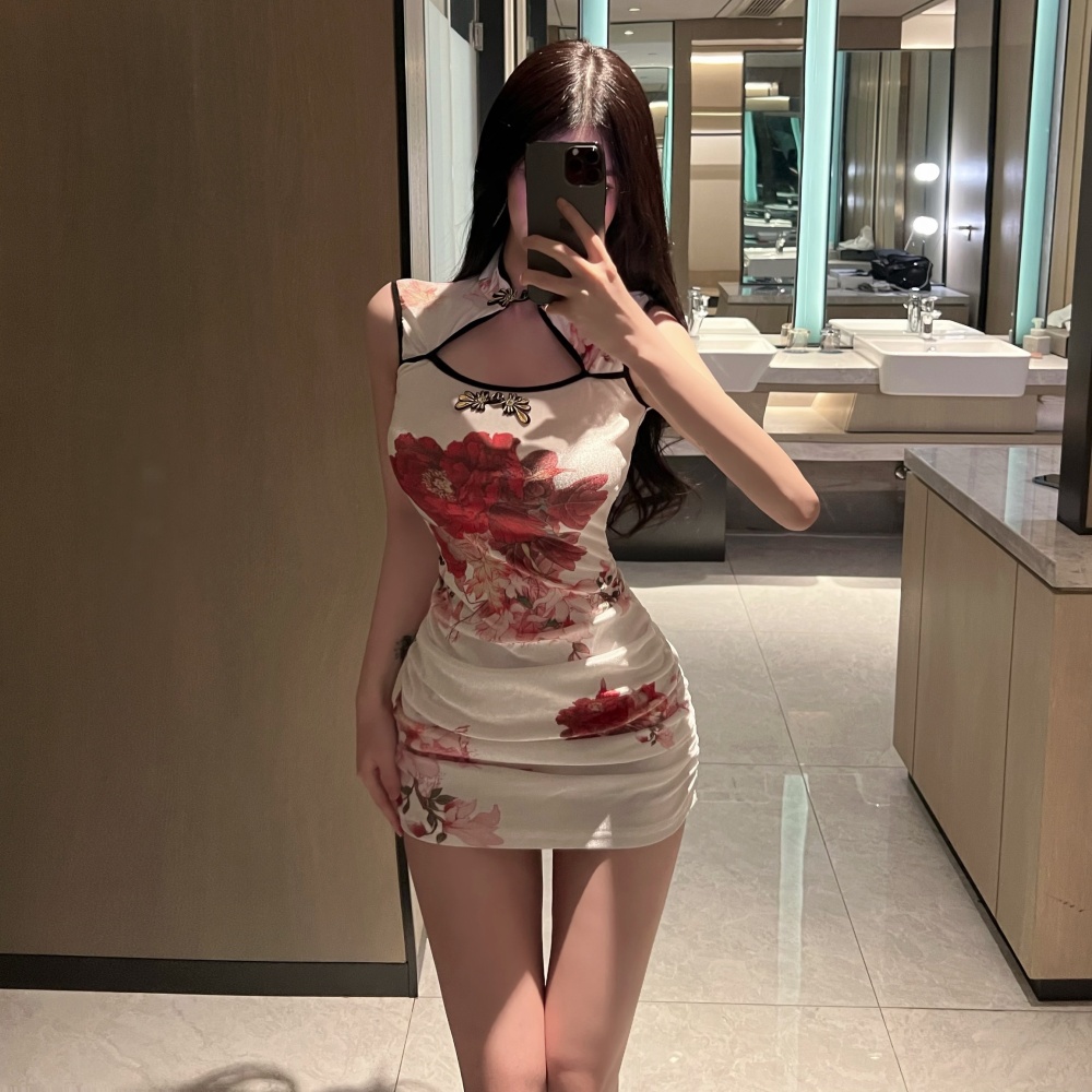 Velvet package hip slim T-back retro white cheongsam