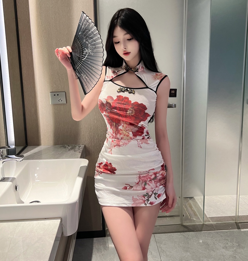 Velvet package hip slim T-back retro white cheongsam