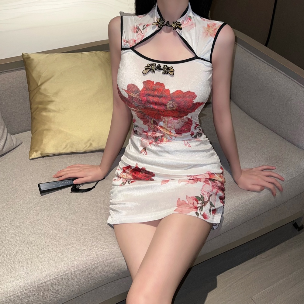 Velvet package hip slim T-back retro white cheongsam