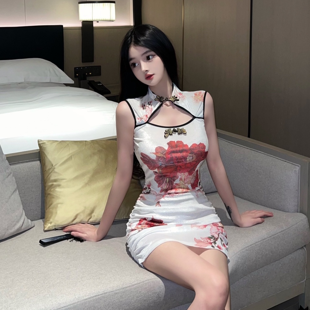 Velvet package hip slim T-back retro white cheongsam