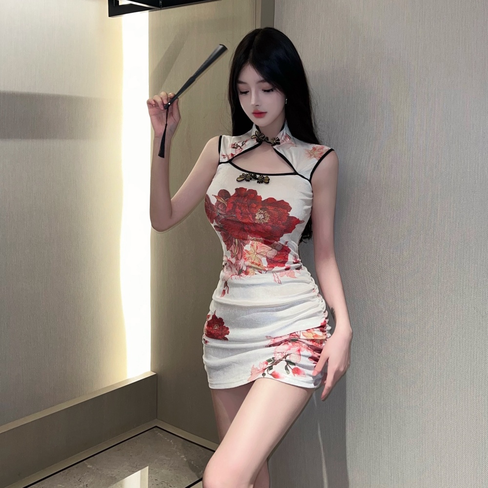 Velvet package hip slim T-back retro white cheongsam