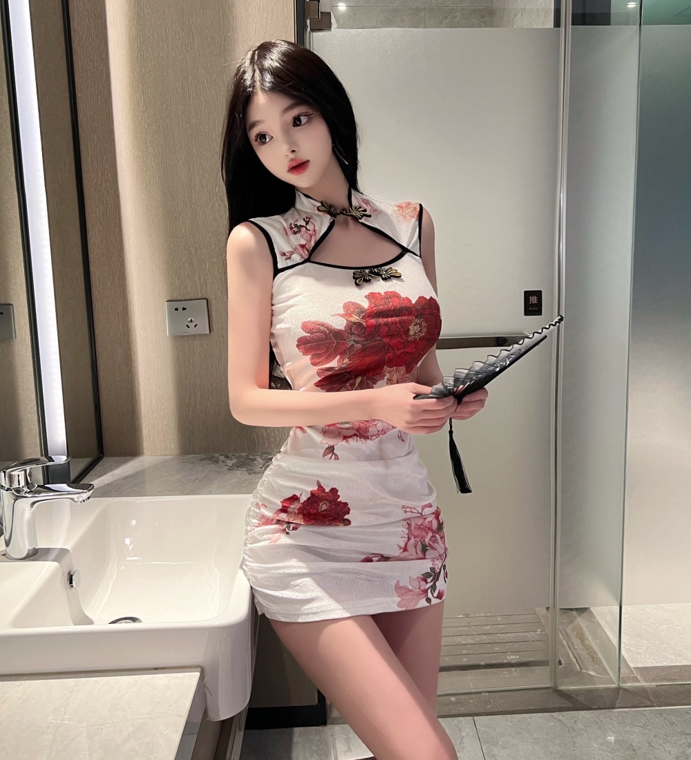 Velvet package hip slim T-back retro white cheongsam