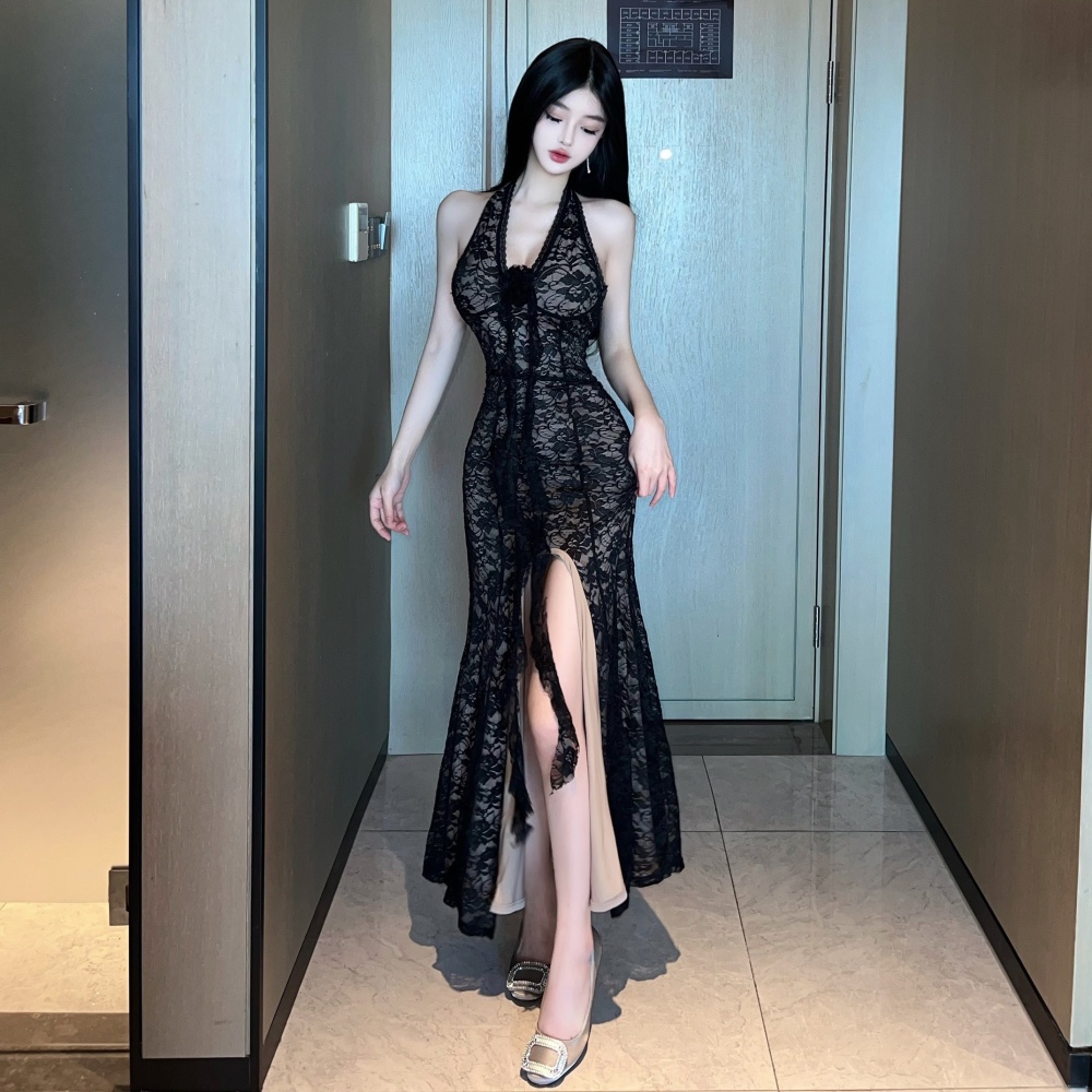 Spicegirl irregular lace dress V-neck slim long dress