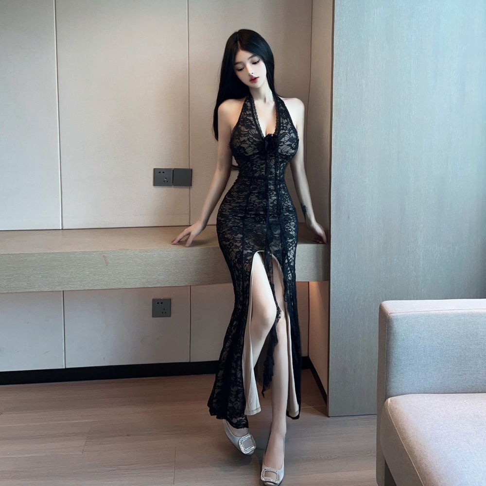 Spicegirl irregular lace dress V-neck slim long dress