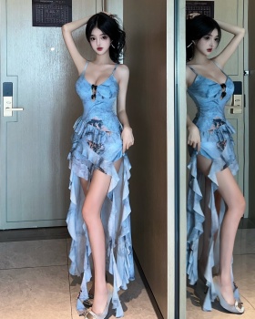 Sling spicegirl lotus leaf edges long dress for women