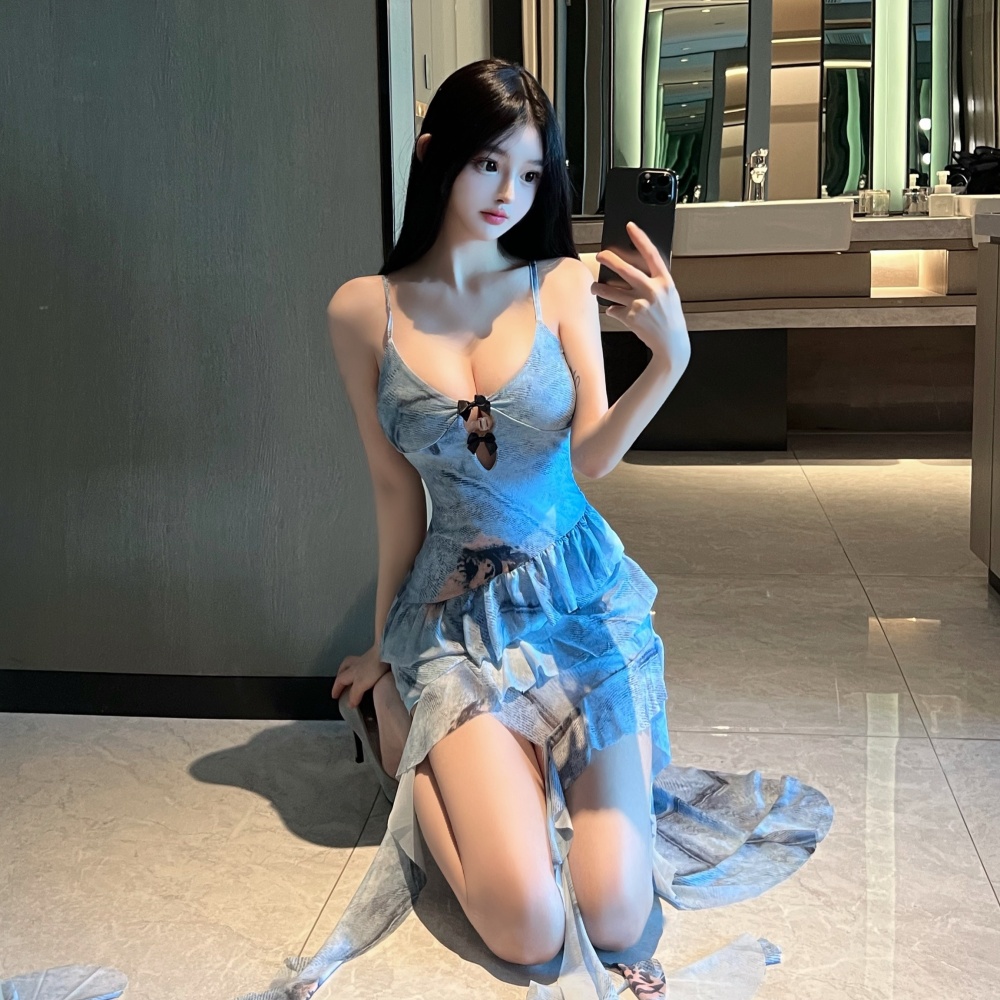 Sling spicegirl lotus leaf edges long dress for women