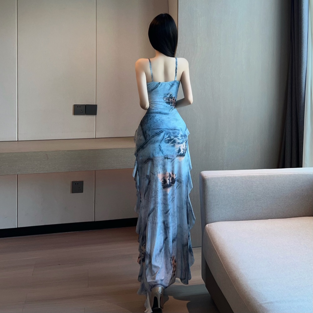 Sling spicegirl lotus leaf edges long dress for women