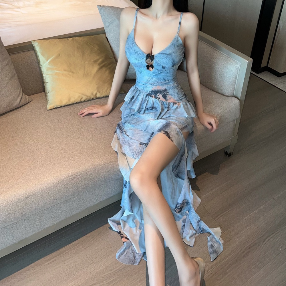 Sling spicegirl lotus leaf edges long dress for women