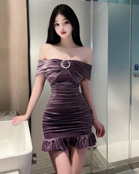 Purple dress horizontal collar formal dress for women