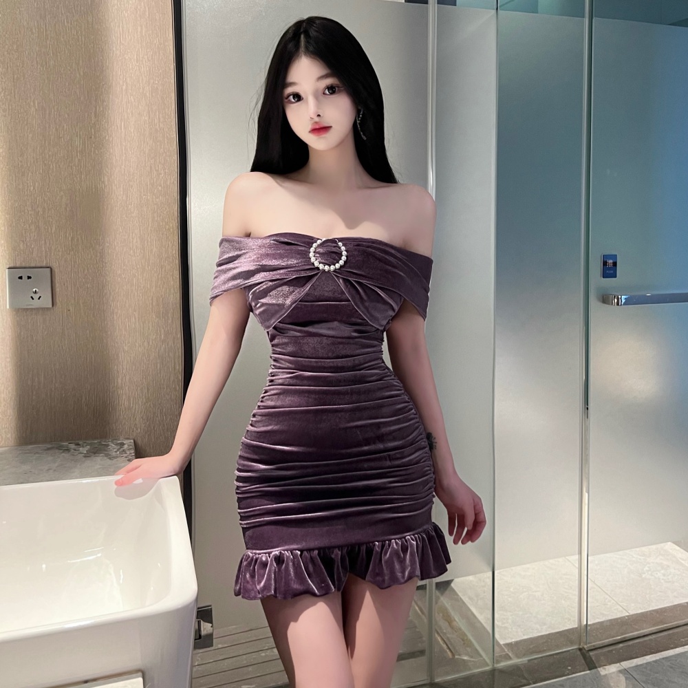 Purple dress horizontal collar formal dress for women
