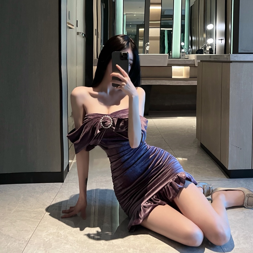 Purple dress horizontal collar formal dress for women