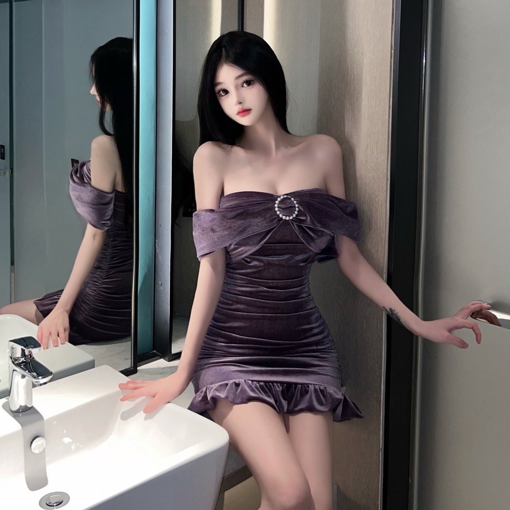 Purple dress horizontal collar formal dress for women