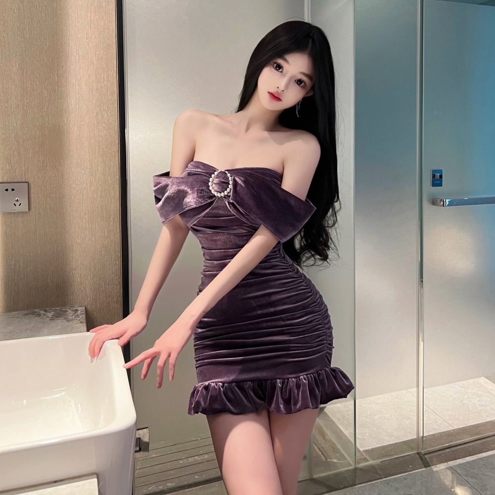 Purple dress horizontal collar formal dress for women
