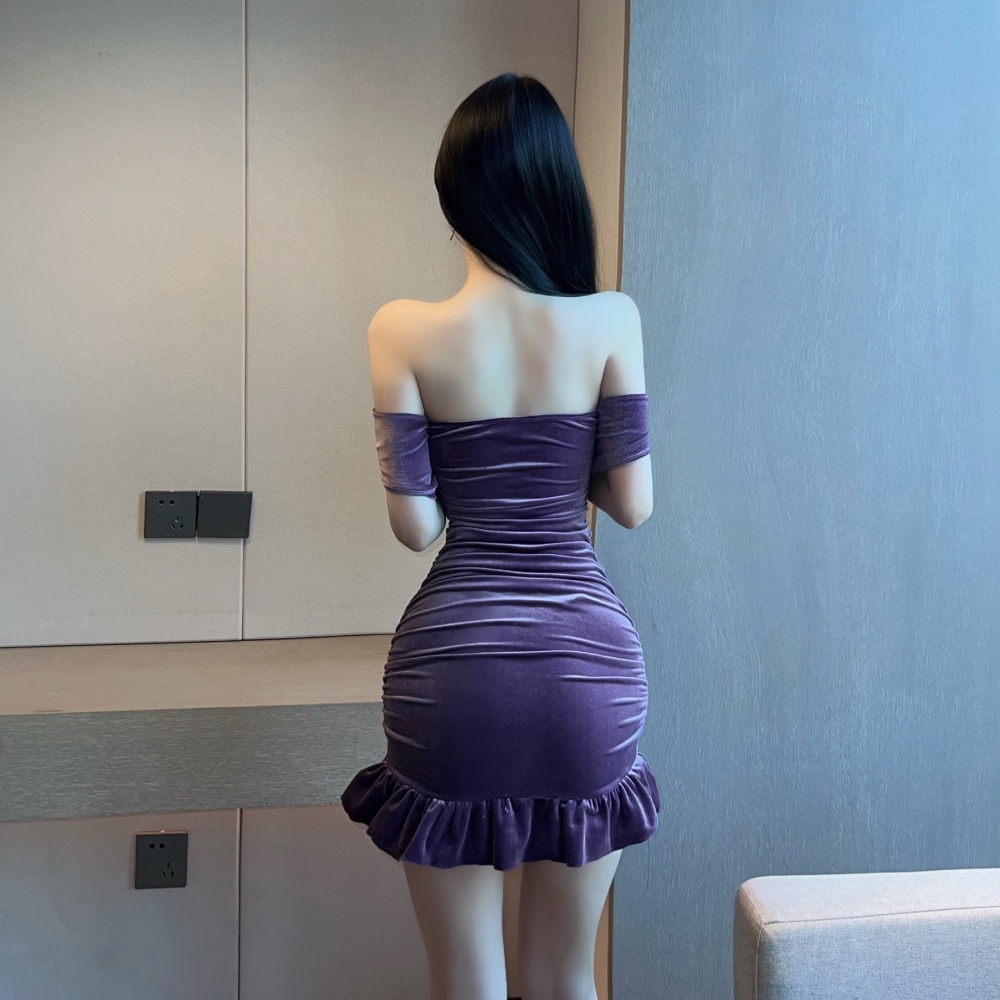 Purple dress horizontal collar formal dress for women