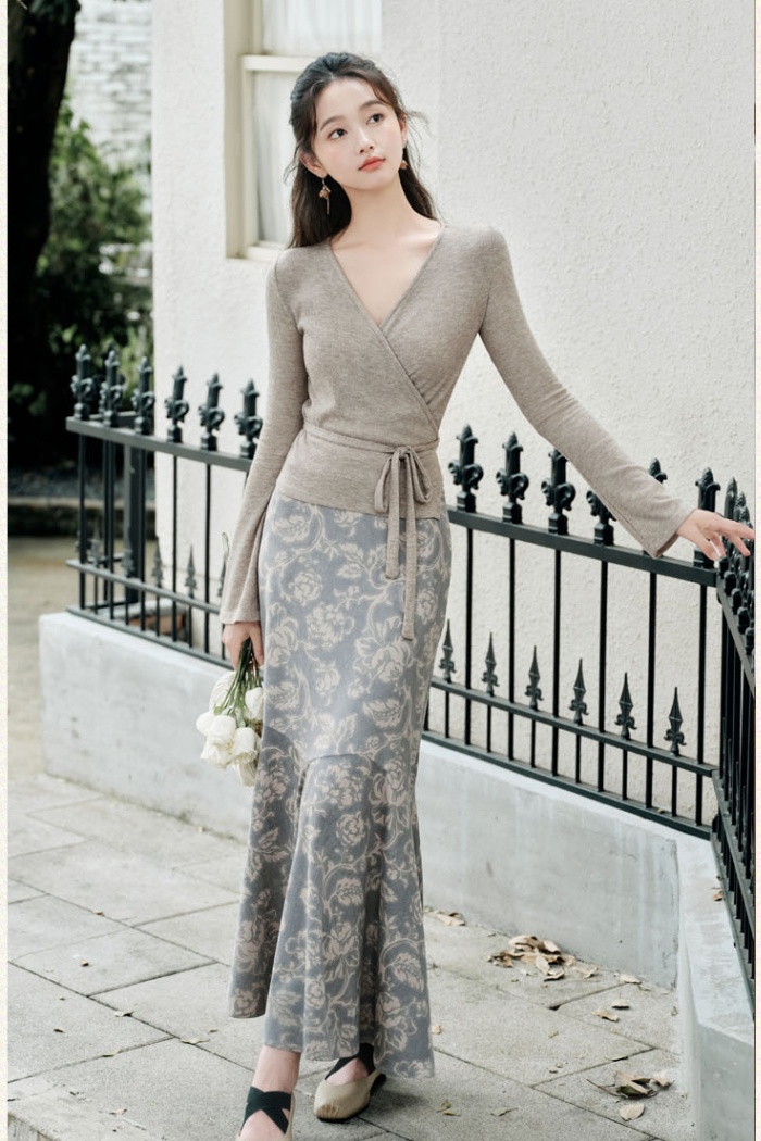 Retro slim sweater long sleeve autumn tops a set for women