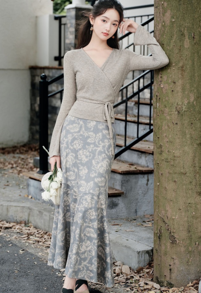 Retro slim sweater long sleeve autumn tops a set for women