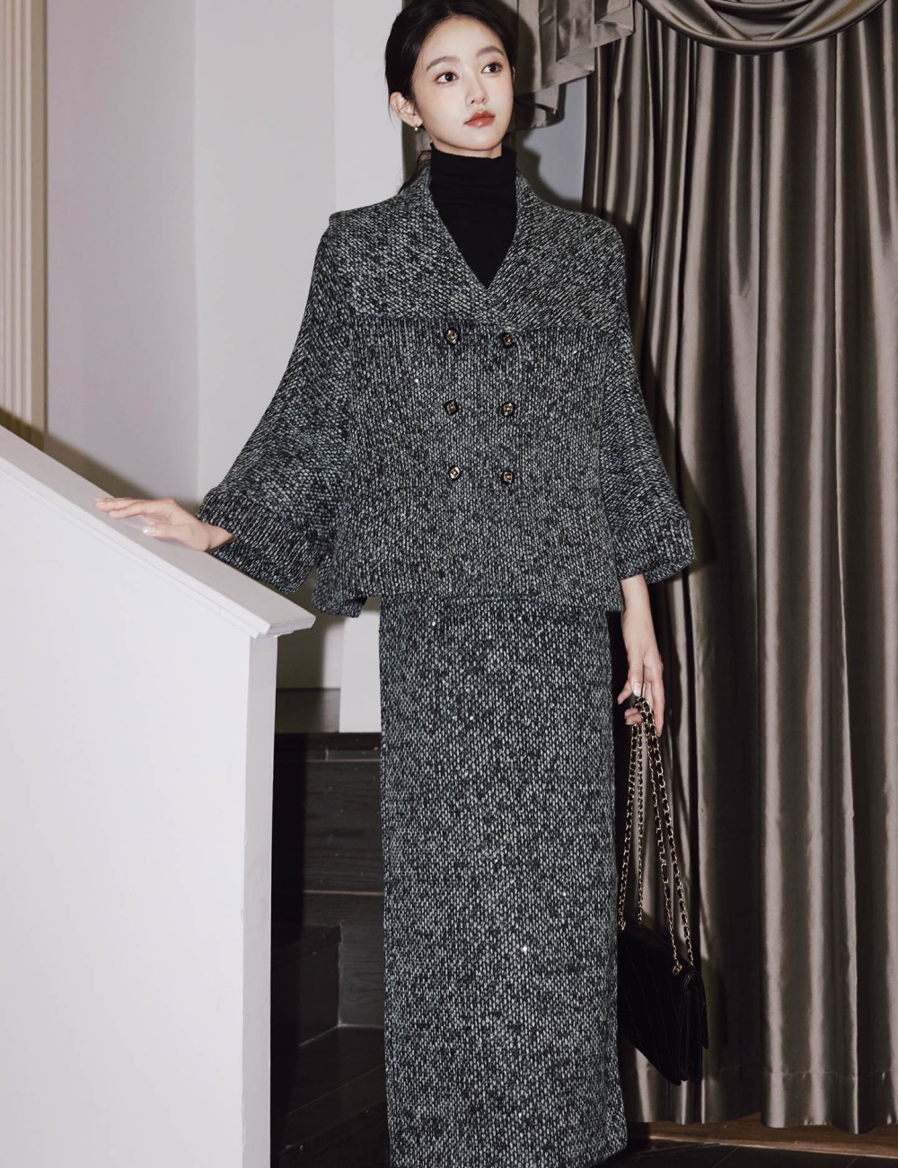 Chanelstyle woolen coat coarse flower sequins cloak 2pcs set