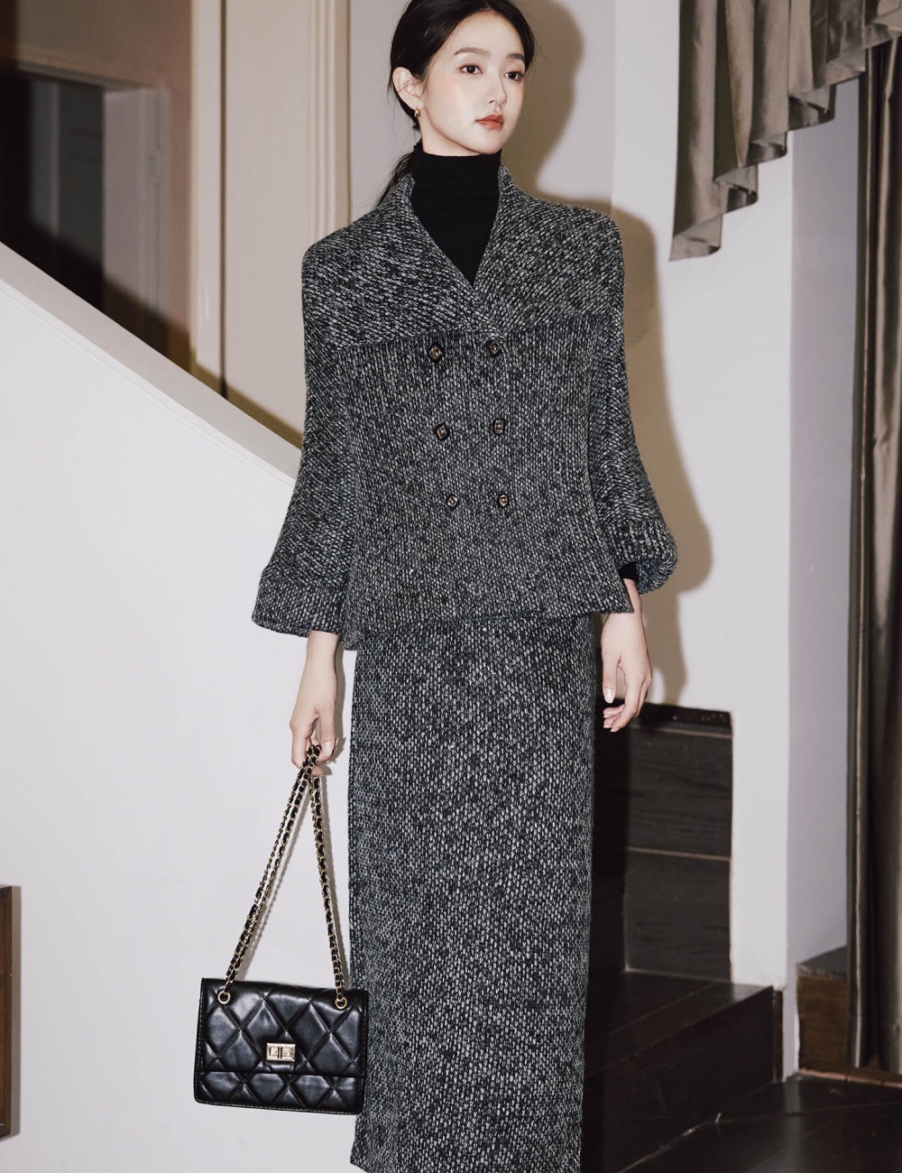 Chanelstyle woolen coat coarse flower sequins cloak 2pcs set