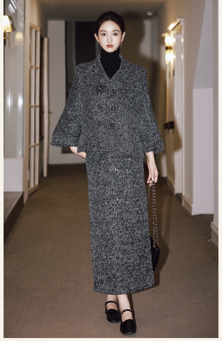 Chanelstyle woolen coat coarse flower sequins cloak 2pcs set