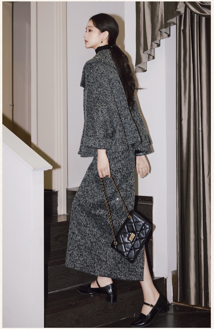 Chanelstyle woolen coat coarse flower sequins cloak 2pcs set