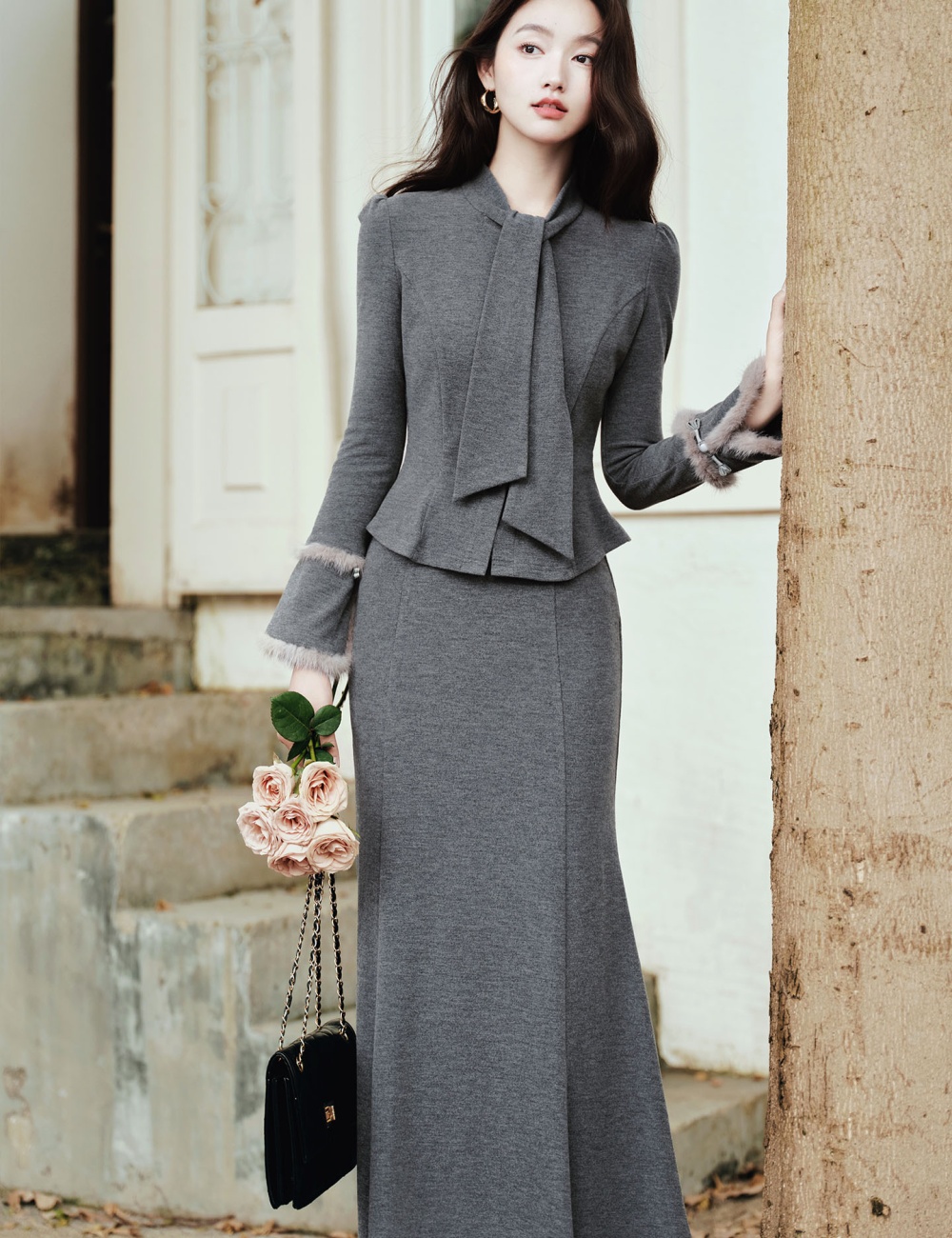 Slim knitted skirt mermaid winter cardigan 2pcs set