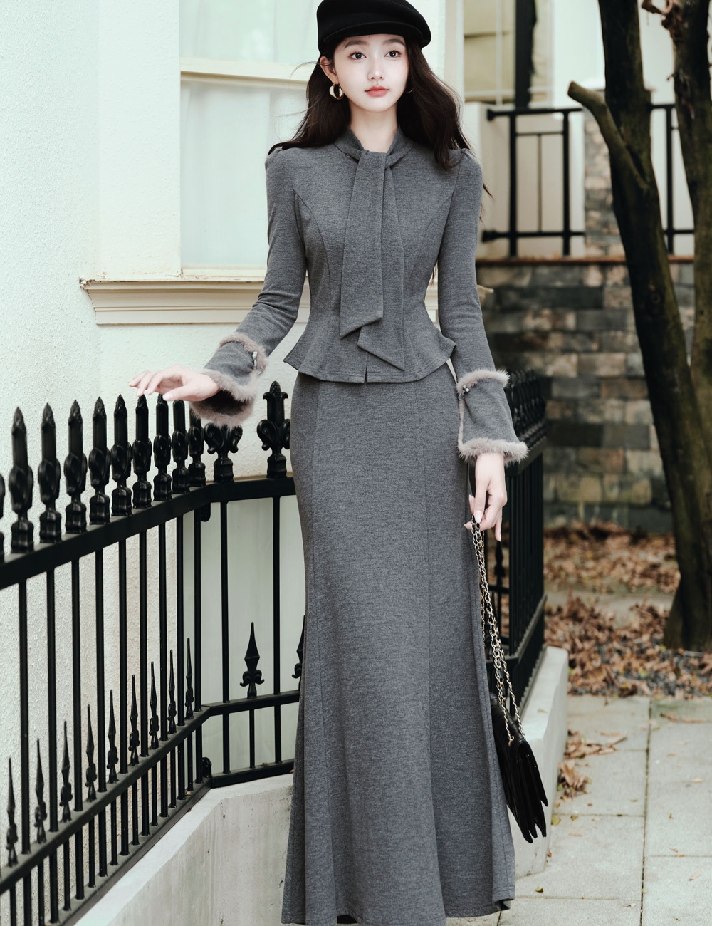 Slim knitted skirt mermaid winter cardigan 2pcs set