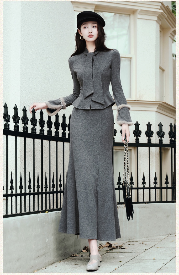 Slim knitted skirt mermaid winter cardigan 2pcs set